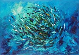 Pintura, Sardines Painting BaitBall Underwater Original Art, Olga Nikitina