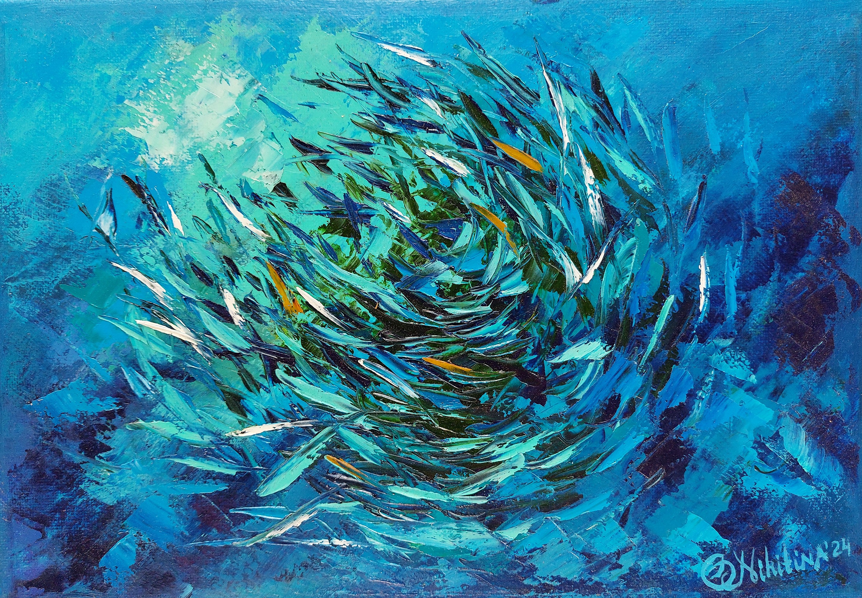 Olga Nikitina, Sardines Painting BaitBall Underwater Original Art Olga Nikitina, Sardines Painting BaitBall Underwater Original Art