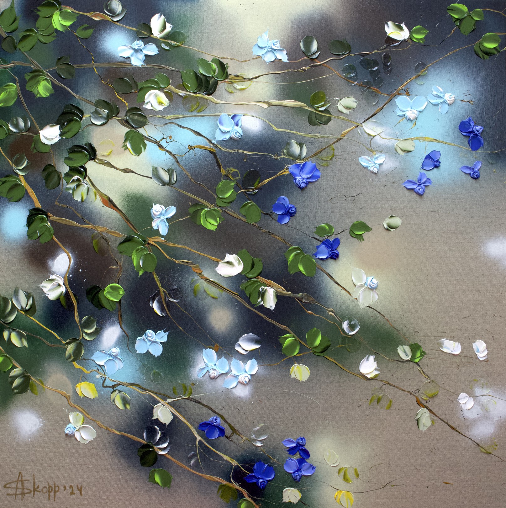 Anastassia Skopp, Ikebana - blue impressionistic roses on linen Anastassia Skopp, Ikebana - blue impressionistic roses on linen