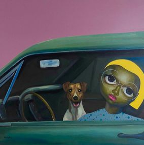 Peinture, Aduke and Her Pet - 21st Century, Contemporary, Figurative Painting, Women, Car, Mayowa Esan