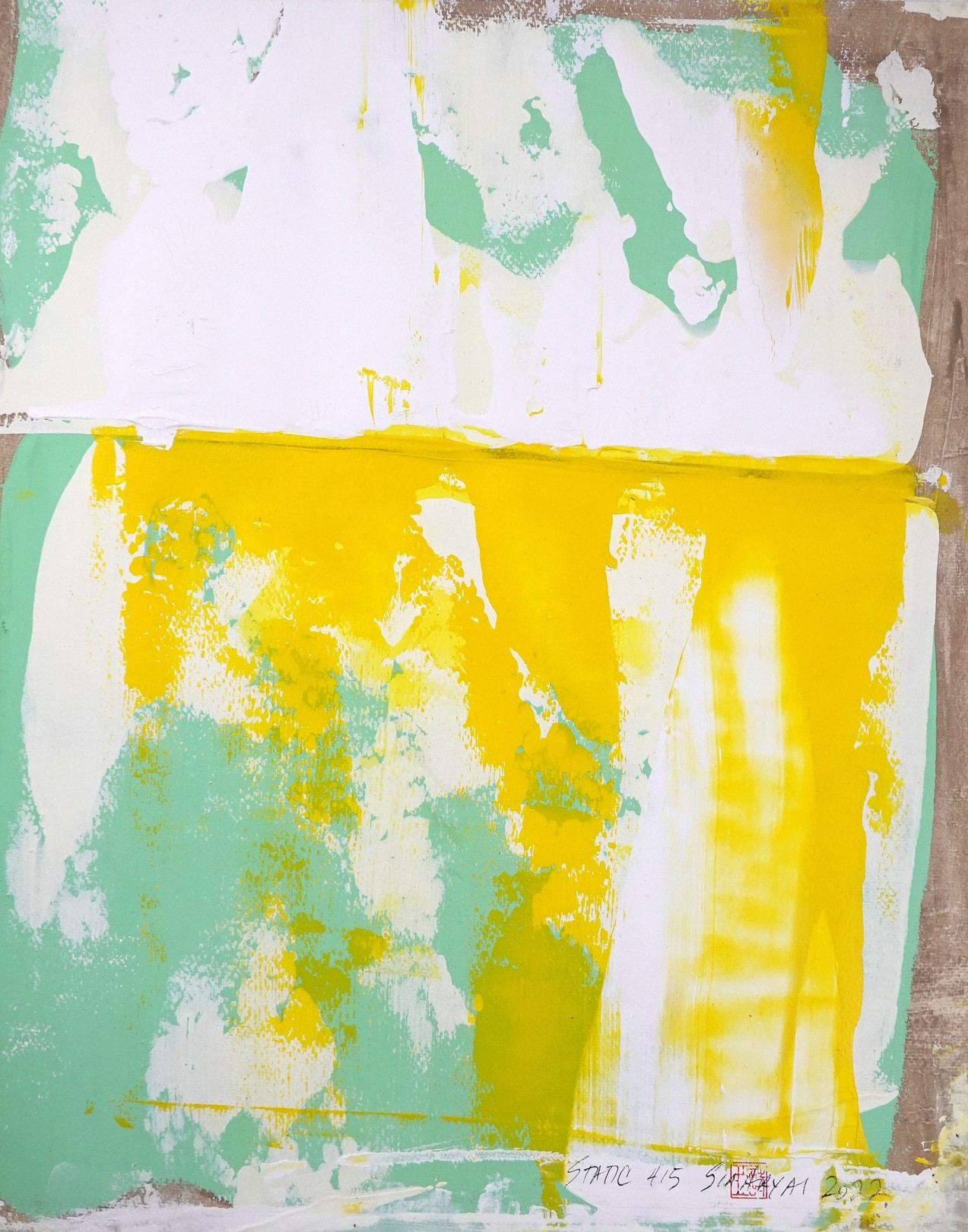 Sia Aryai, Static 415 Framed abstract yellow /green paintnig Sia Aryai, Static 415 Framed abstract yellow /green paintnig