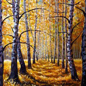 Peinture, Sunny road in a birch forest, Valery Rybakou