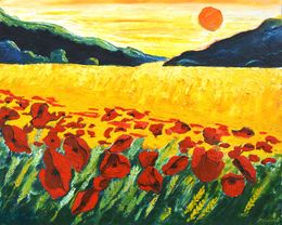 Peinture, Red poppies in the sun, Pol Ledent