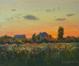 Peinture, Sunset Over The Meadow, Nikolay Dmitriev