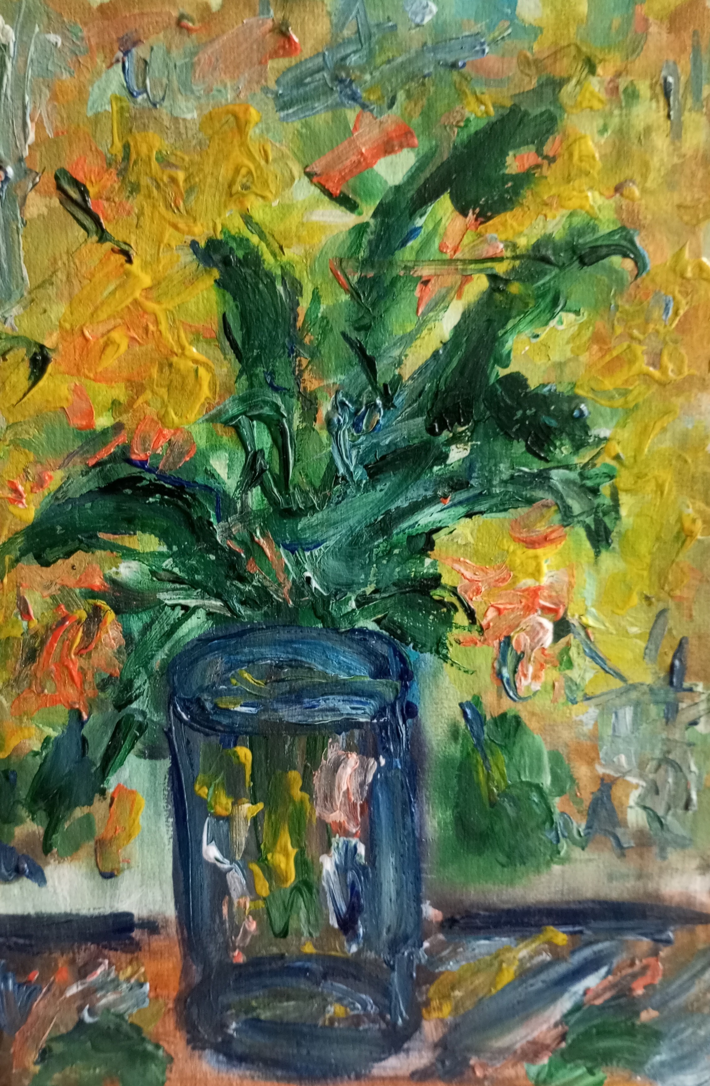 Natalya Mougenot, Yellow irises in a blue vase Natalya Mougenot, Yellow irises in a blue vase