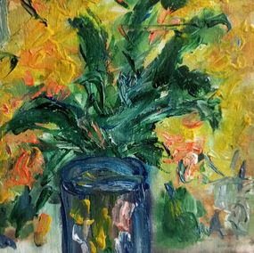 Fine Art Drawings, Yellow irises in a blue vase, Natalya Mougenot