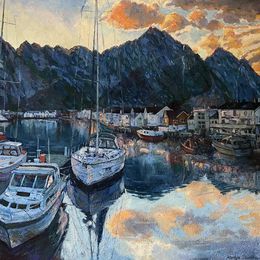 Gemälde, Orange clouds over Heningsvær, Nadezda Stupina