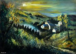 Painting, Moonlight on a village, Pol Ledent