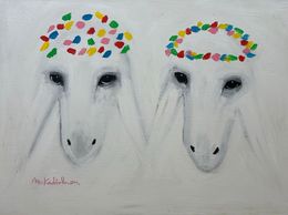 Gemälde, Two White Sheep’s Full And Open Crowns, Menashe Kadishman