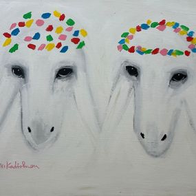 Gemälde, Two White Sheep’s Full And Open Crowns, Menashe Kadishman