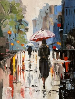 Gemälde, Woman with umbrella in a rainy city, Schagen Vita