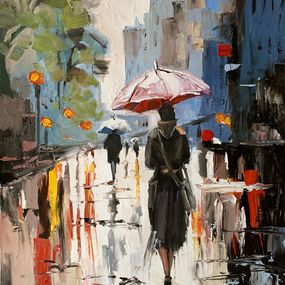 Gemälde, Woman with umbrella in a rainy city, Schagen Vita