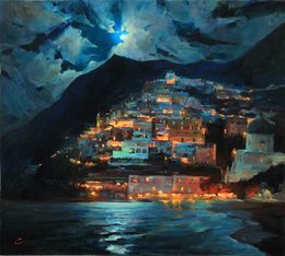 Pintura, Amalfi Coast at Night, Serhii Cherniakovskyi