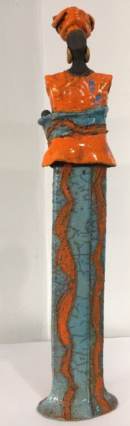 Skulpturen, Sculpture Ethnie - Femme africaine orange bleu avec bébé dos, Atelier Piquifou