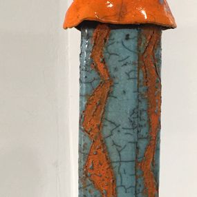 Skulpturen, Sculpture Ethnie - Femme africaine orange bleu avec bébé dos, Atelier Piquifou