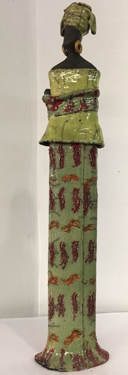 Skulpturen, Sculpture Ethnie - Femme africaine vert jaune amande avec bébé dos, Atelier Piquifou