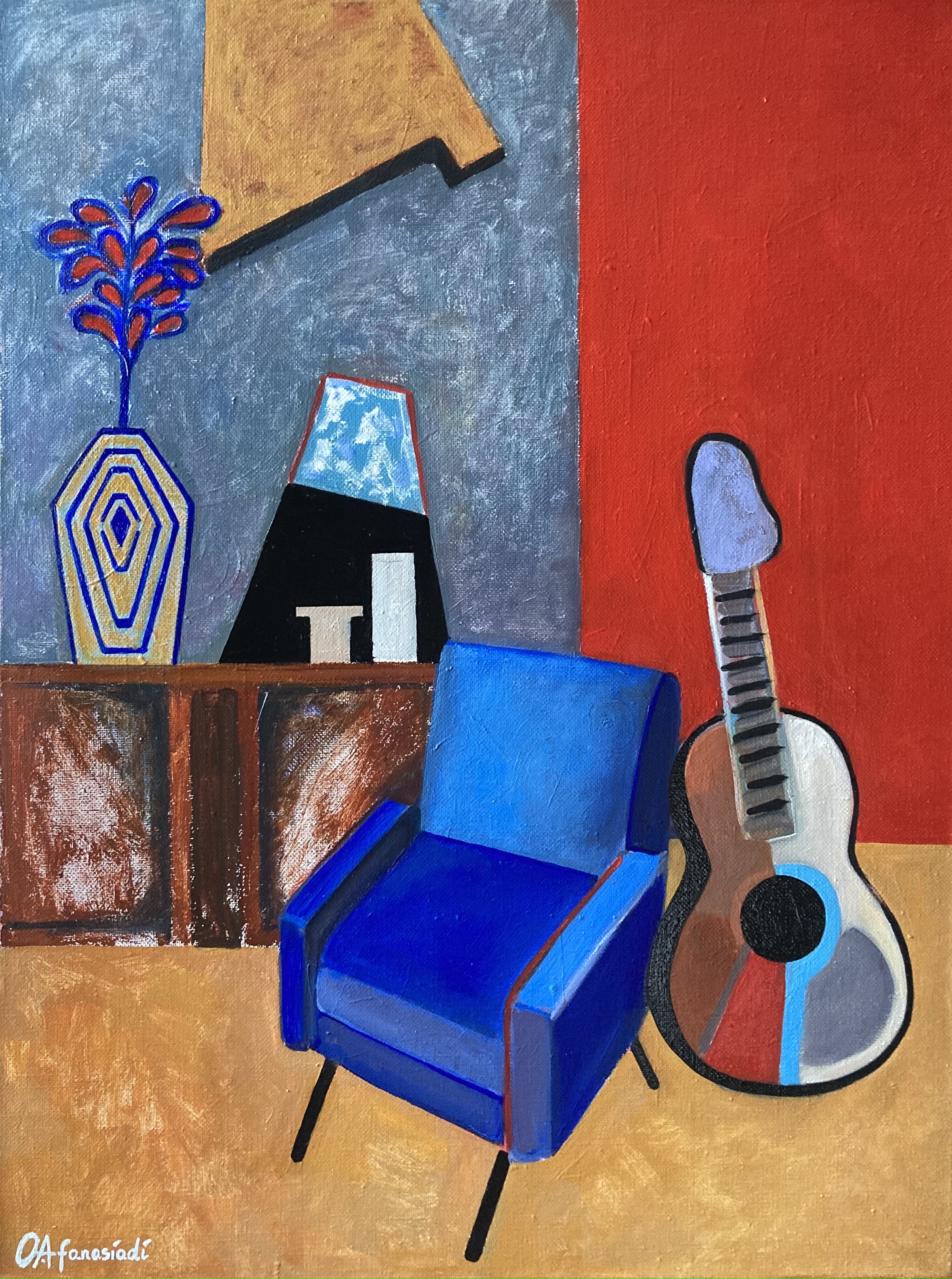 Olga Afanasiadi, Interior with blue armchair and guitar Olga Afanasiadi, Interior with blue armchair and guitar
