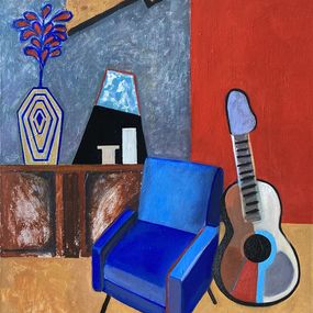 Gemälde, Interior with blue armchair and guitar, Olga Afanasiadi