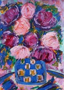 Peinture, Summer blooming flowers in a blue vase, Natalya Mougenot