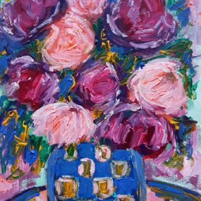 Peinture, Summer blooming flowers in a blue vase, Natalya Mougenot