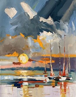 Painting, Yachts at sunset. Ocean seascape, Schagen Vita