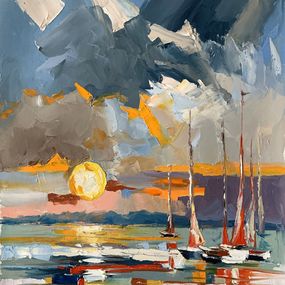 Painting, Yachts at sunset. Ocean seascape, Schagen Vita