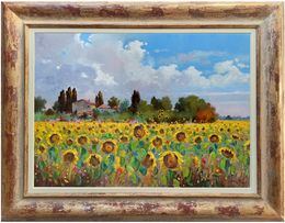 Painting, Sunflowers - Tuscany landscape painting & frame, Andrea Borella