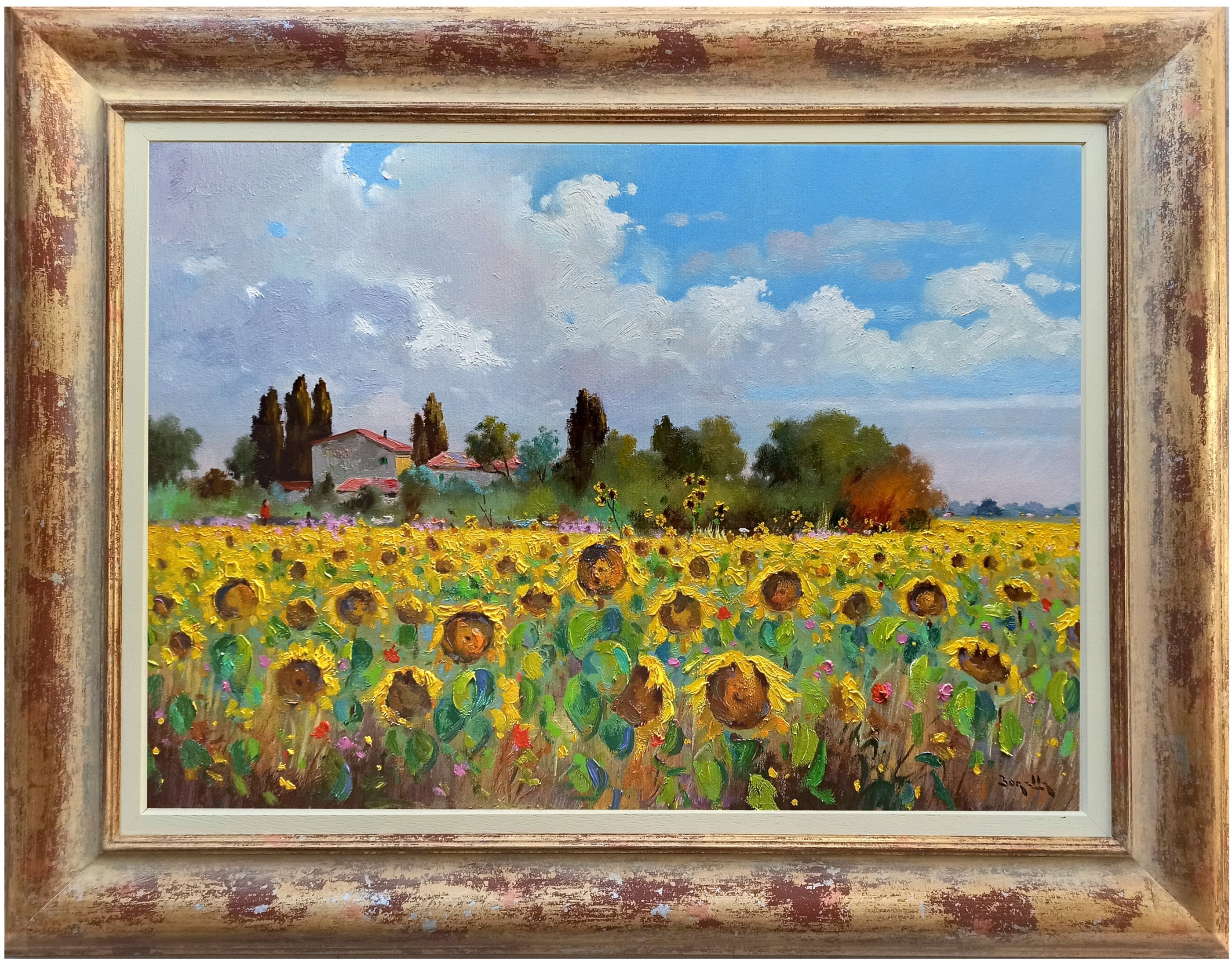 Andrea Borella, Sunflowers - Tuscany landscape painting & frame Andrea Borella, Sunflowers - Tuscany landscape painting & frame