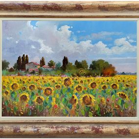 Painting, Sunflowers - Tuscany landscape painting & frame, Andrea Borella