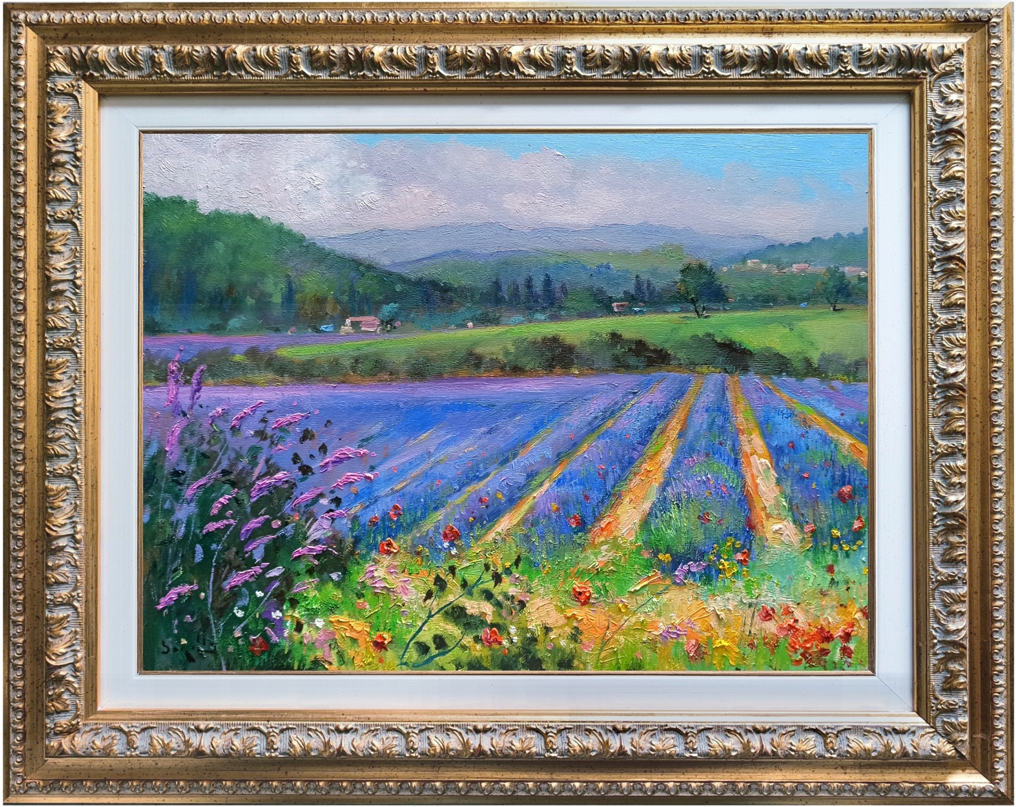 Andrea Borella, Lavender field - Tuscany landscape painting & frame Andrea Borella, Lavender field - Tuscany landscape painting & frame