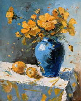 Pintura, Yellow wild flowers in a blue vase, Schagen Vita