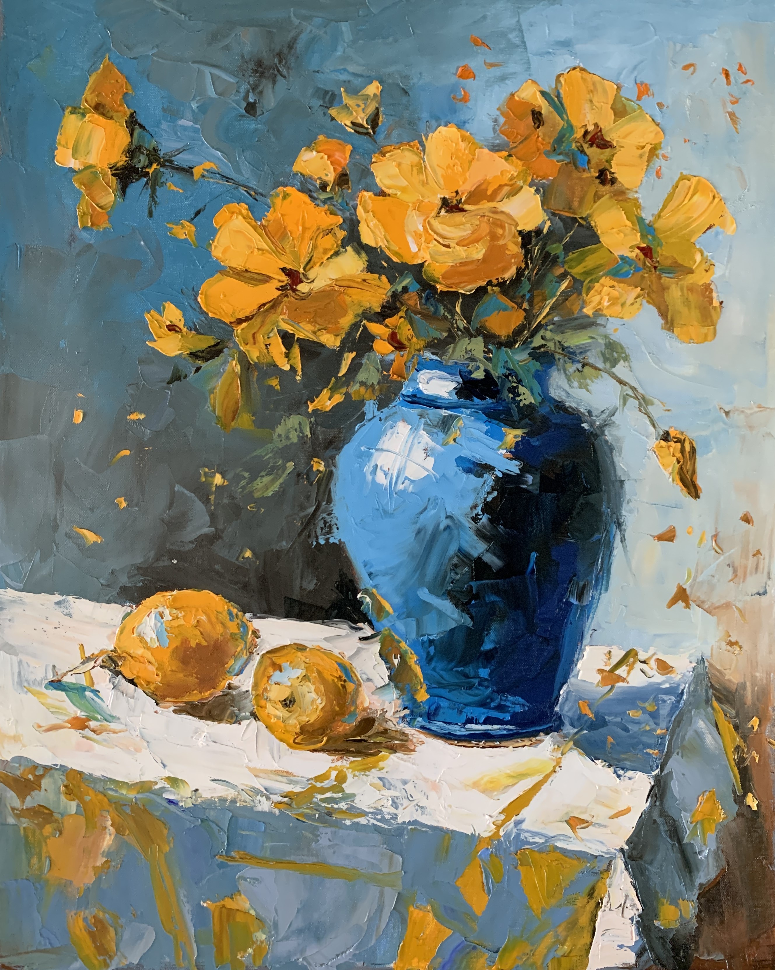 Schagen Vita, Yellow wild flowers in a blue vase Schagen Vita, Yellow wild flowers in a blue vase