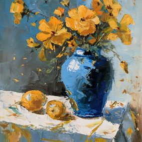 Gemälde, Yellow wild flowers in a blue vase, Schagen Vita