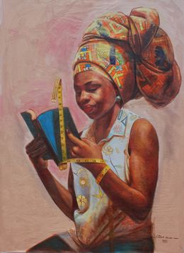 Painting, Chronometry -21st Century, Contemporary, Figurative Portrait, Oil, Women Fabrics, Clement Mmaduako Nwafor