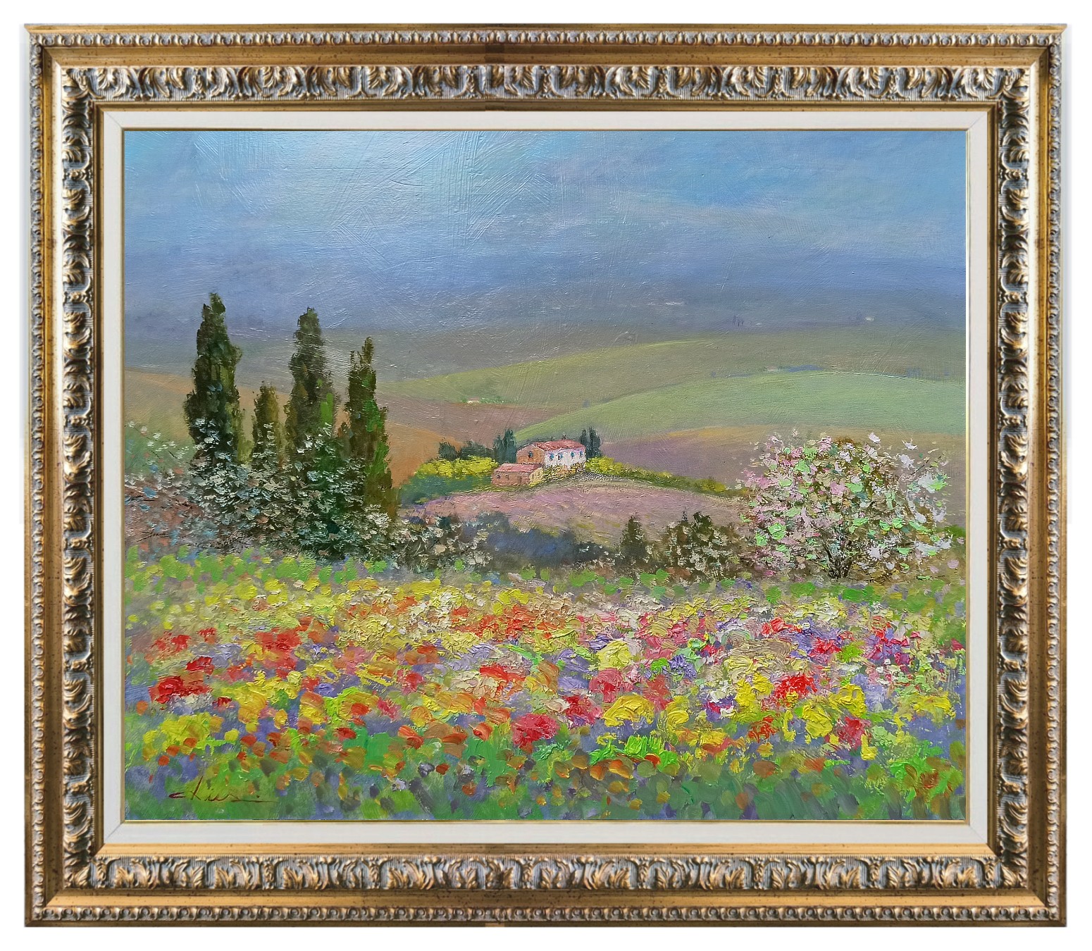 Biagio Chiesi, Landscape in the spring - Tuscany painting & frame Biagio Chiesi, Landscape in the spring - Tuscany painting & frame