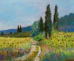 Painting, Flowery impressionist landscape - Tuscany painting & frame, Biagio Chiesi