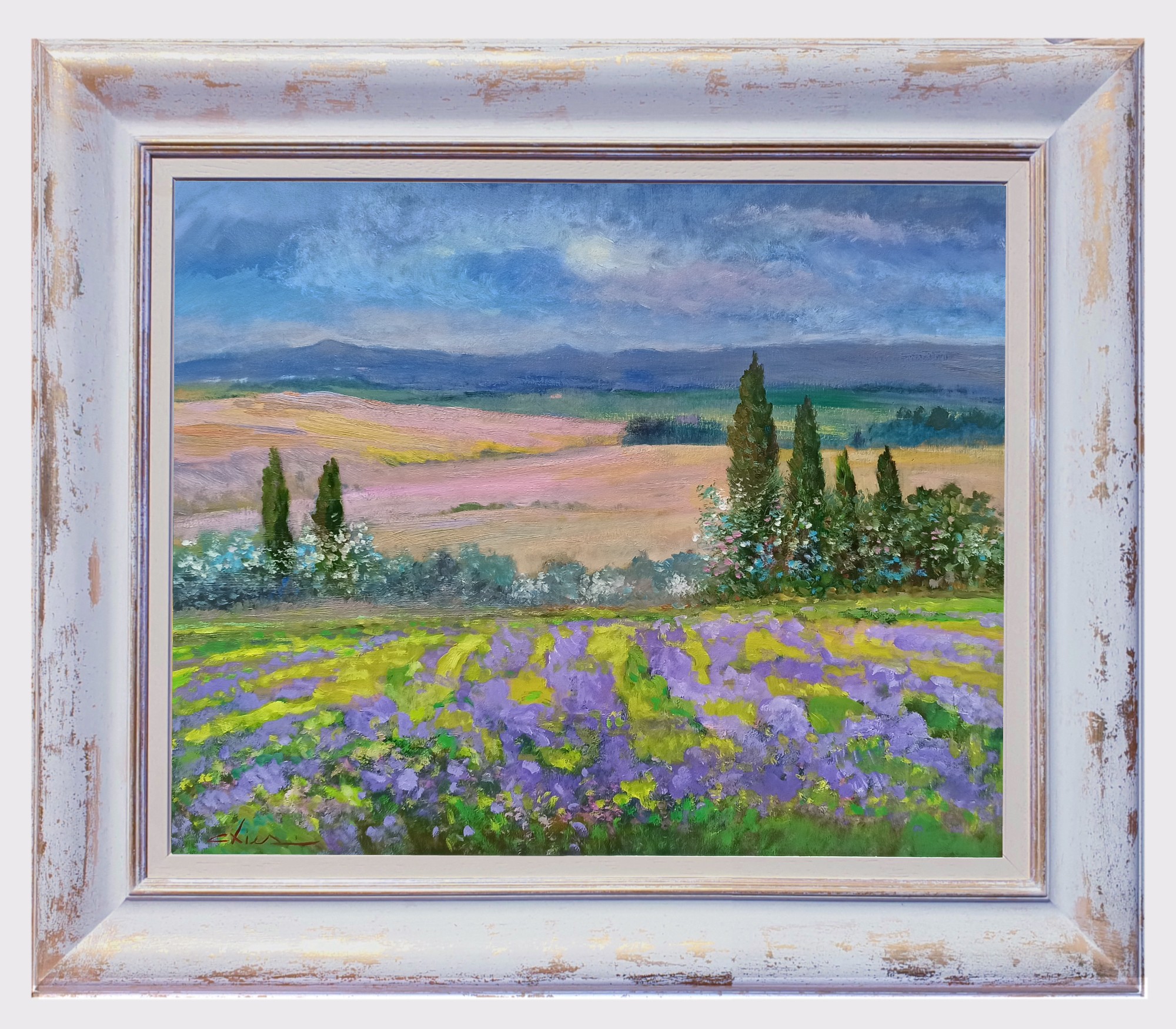 Biagio Chiesi, Flowery impressionist landscape - Tuscany painting & frame Biagio Chiesi, Flowery impressionist landscape - Tuscany painting & frame