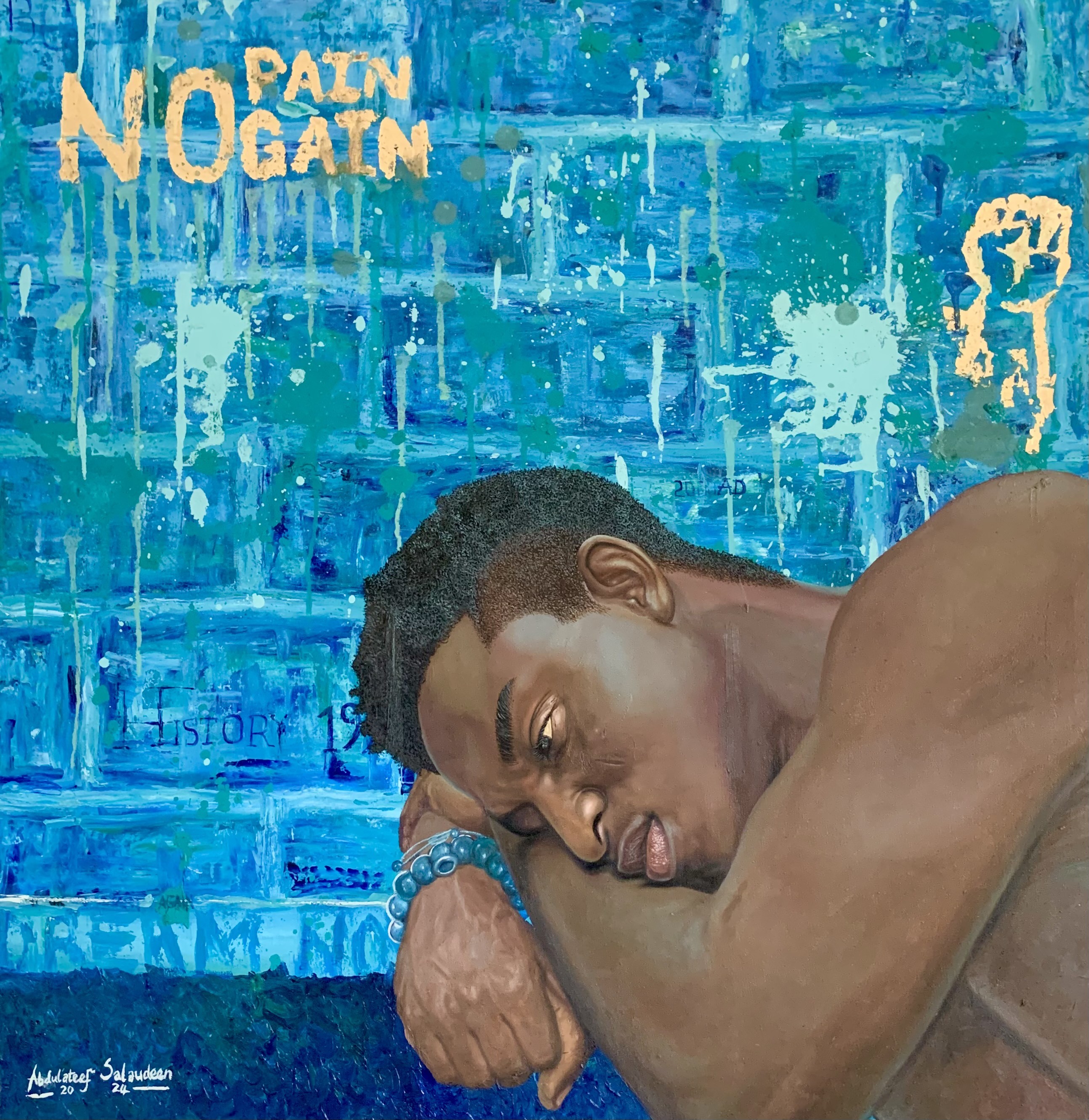 Abdulateef Salaudeen, How Time Flies - 21st Century Contemporary, Figurative Expressionist, Men, Blue Abdulateef Salaudeen, How Time Flies - 21st Century Contemporary, Figurative Expressionist, Men, Blue