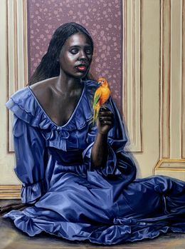 Peinture, Lady With A Parrot - 21st Century, Contemporary, Figurative Painting, Oil, Women, Afolayan Emmanuel