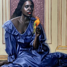 Gemälde, Lady With A Parrot - 21st Century, Contemporary, Figurative Painting, Oil, Women, Afolayan Emmanuel