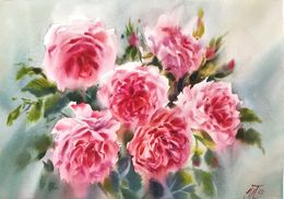 Gemälde, Summer light Watercolor painting with Roses, Irina Pronina