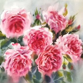 Peinture, Summer light Watercolor painting with Roses, Irina Pronina