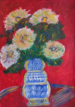 Painting, Gerbera flowers bouquet in a blue vase, Natalya Mougenot