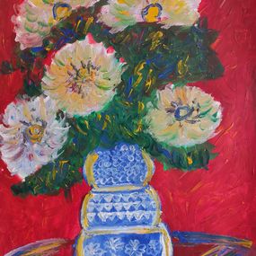 Painting, Gerbera flowers bouquet in a blue vase, Natalya Mougenot