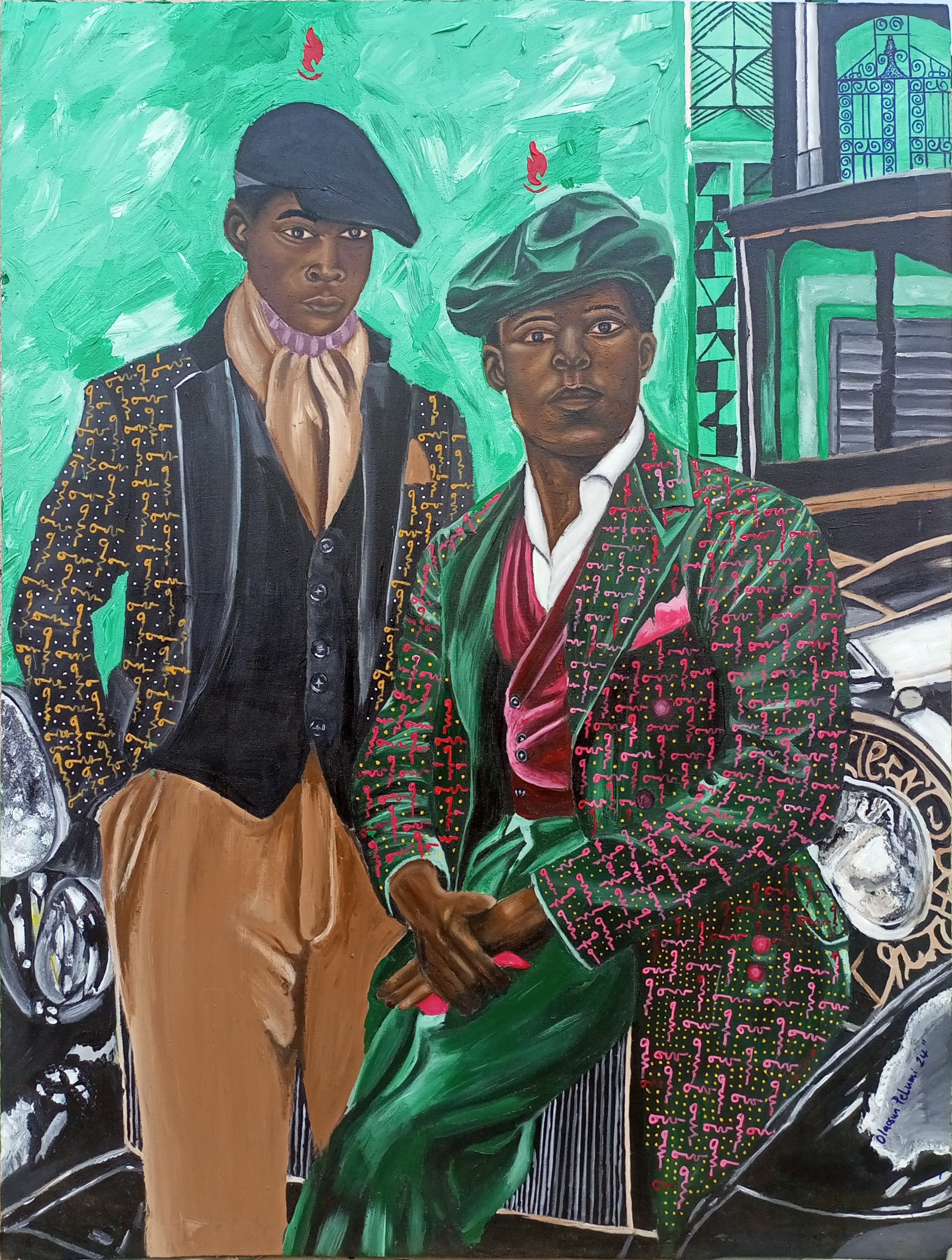 Olaosun Oluwapelumi, My Brother and I - 21st Century, Contemporary, Figurative Portrait, Men, Green Olaosun Oluwapelumi, My Brother and I - 21st Century, Contemporary, Figurative Portrait, Men, Green