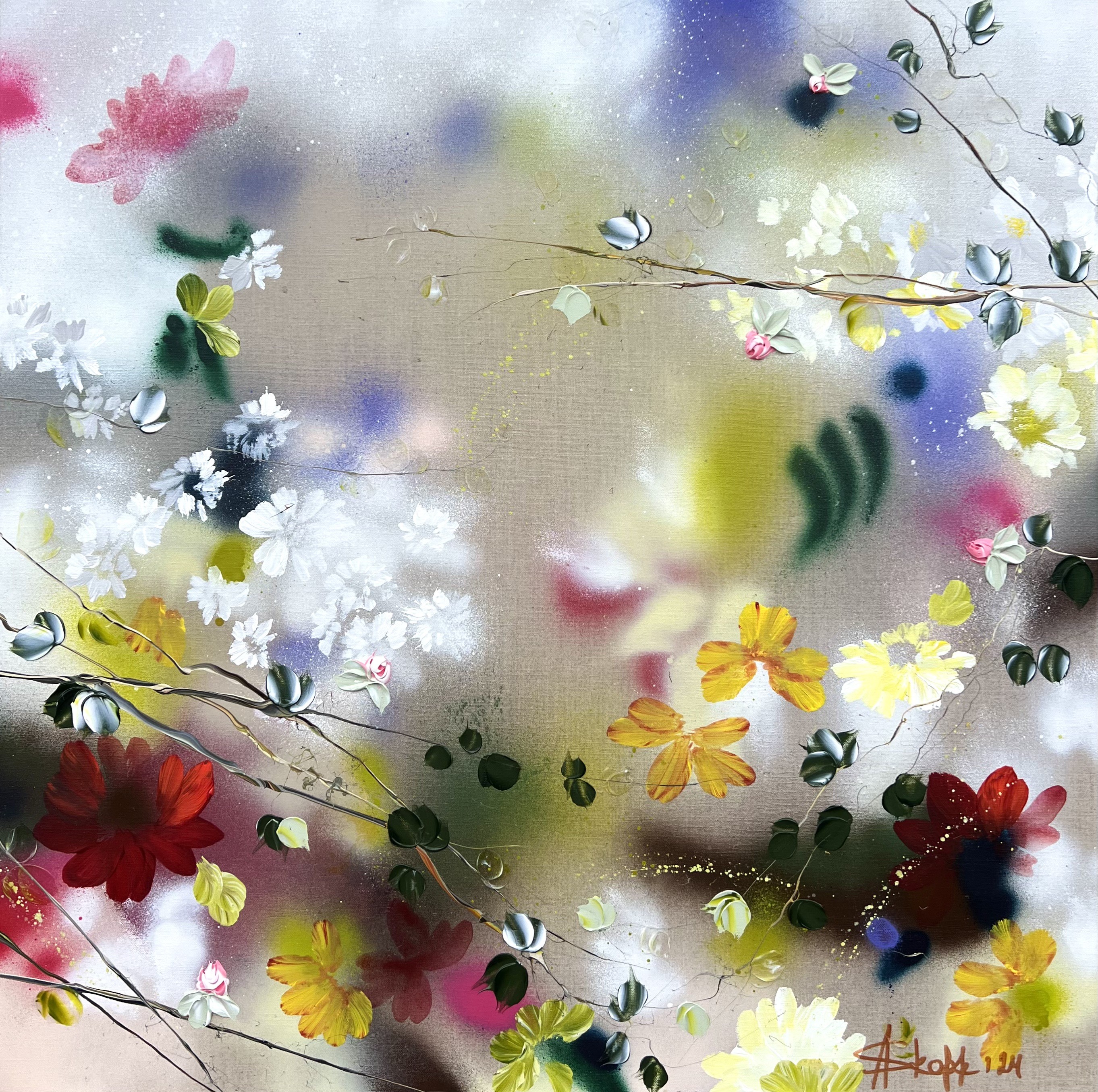 Anastassia Skopp, Kaori I - colorful impressionistic flowers on linen Anastassia Skopp, Kaori I - colorful impressionistic flowers on linen
