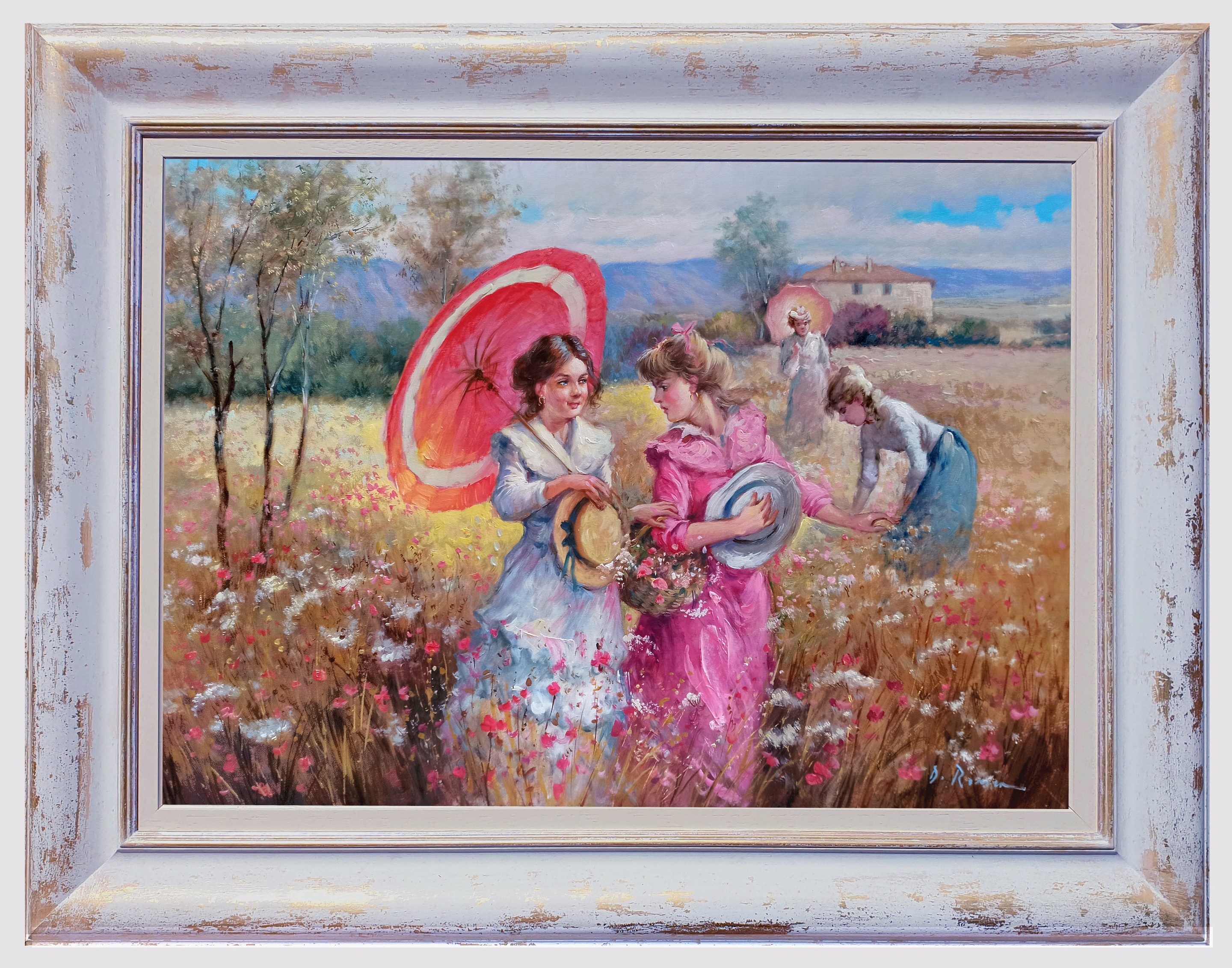 Domenico Ronca, Girls in the field - Italian painting & frame Domenico Ronca, Girls in the field - Italian painting & frame