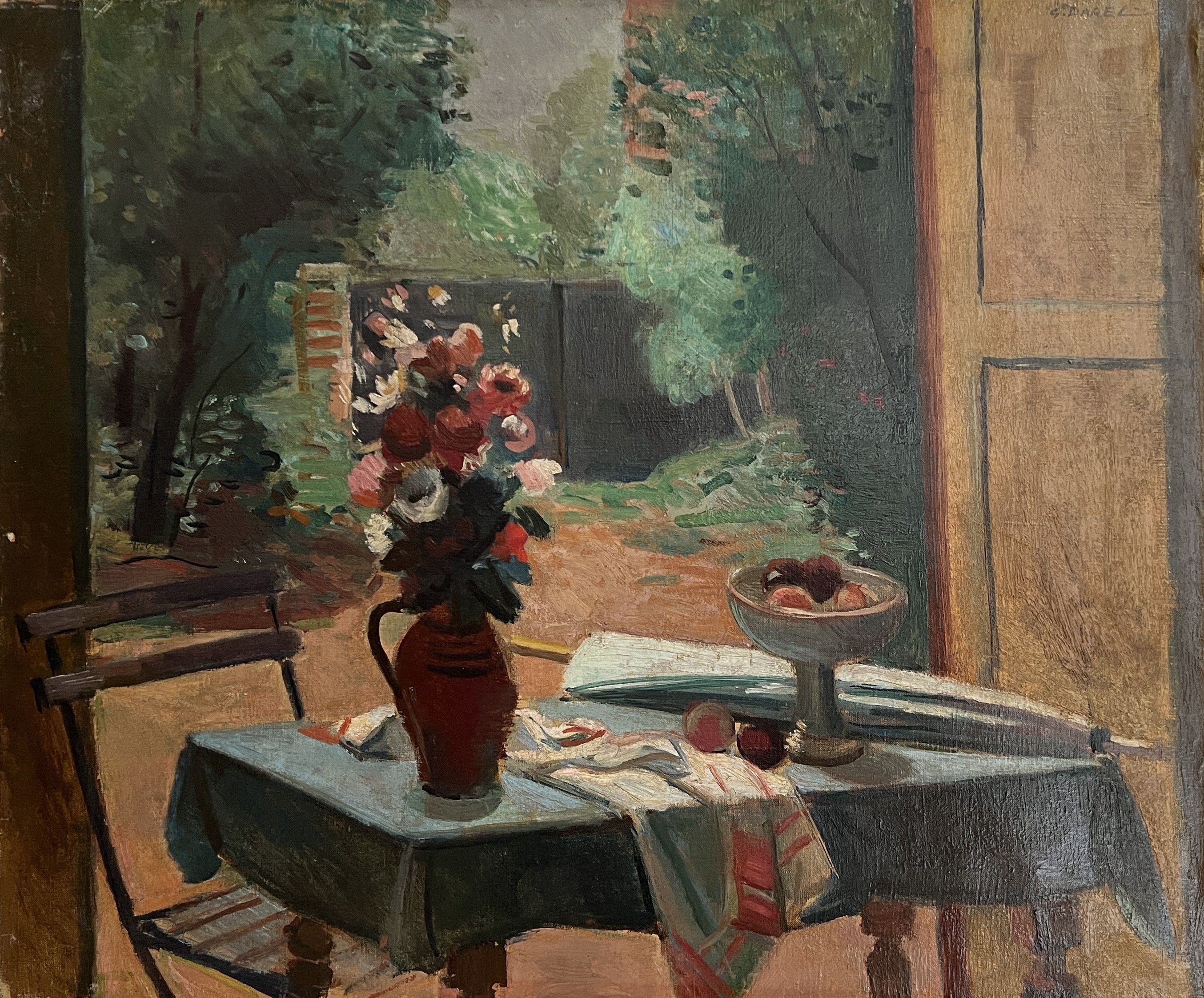 Georges Darel, Parapluie, bouquet et coupe de fruits Georges Darel, Parapluie, bouquet et coupe de fruits