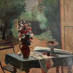Gemälde, Parapluie, bouquet et coupe de fruits, Georges Darel