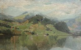 Painting, Paysage lacustre au pied des montagnes, Emile Vouga